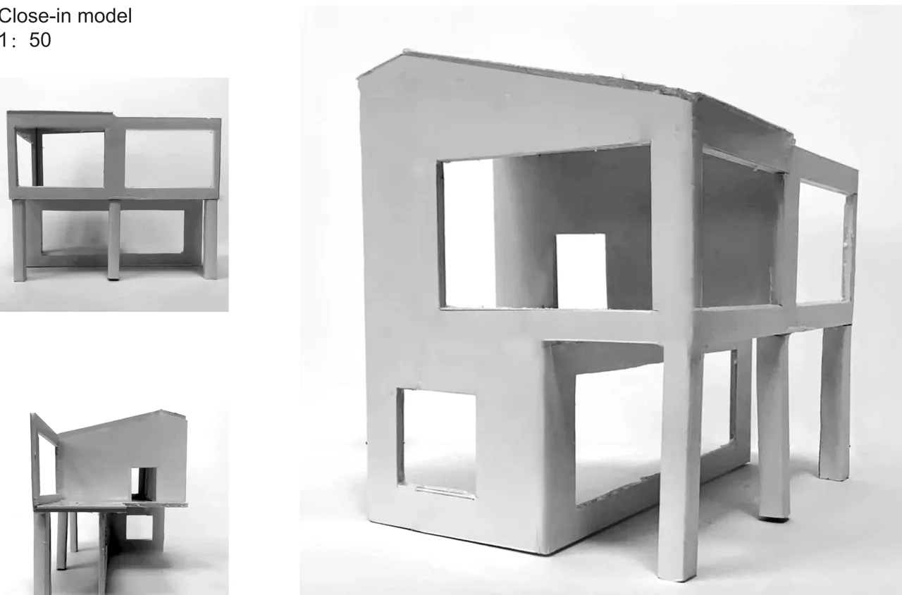 早期 1:50 局部模型,检验开口、悬挑与楼层关系。 / An early 1:50 close-in model exploring openings, projection and floor relationships.