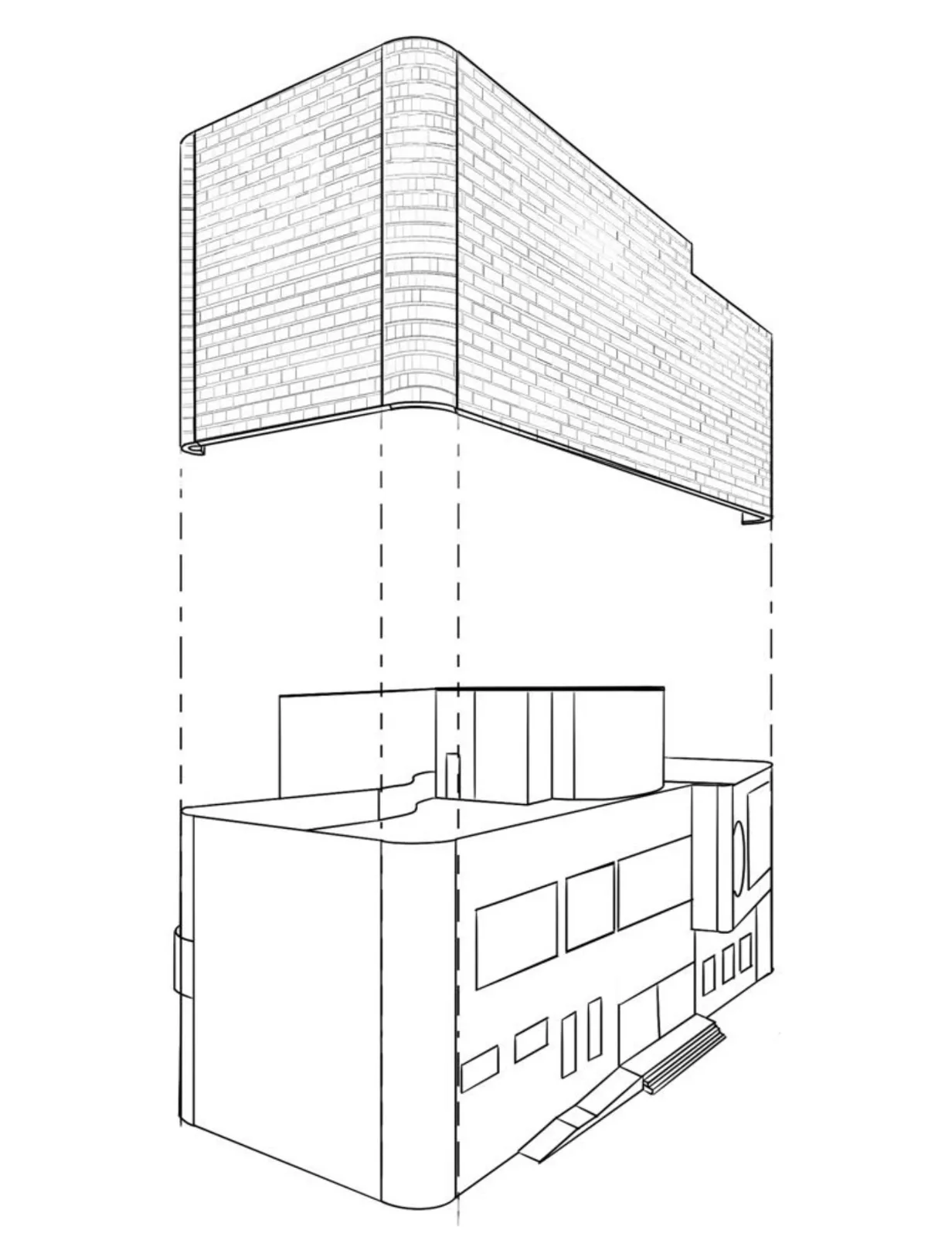 玻璃砖围护的局部空间研究;材料选择关注透光与视线遮蔽。 / A local spatial study of glass-block enclosure, considering light transmission and visual privacy.