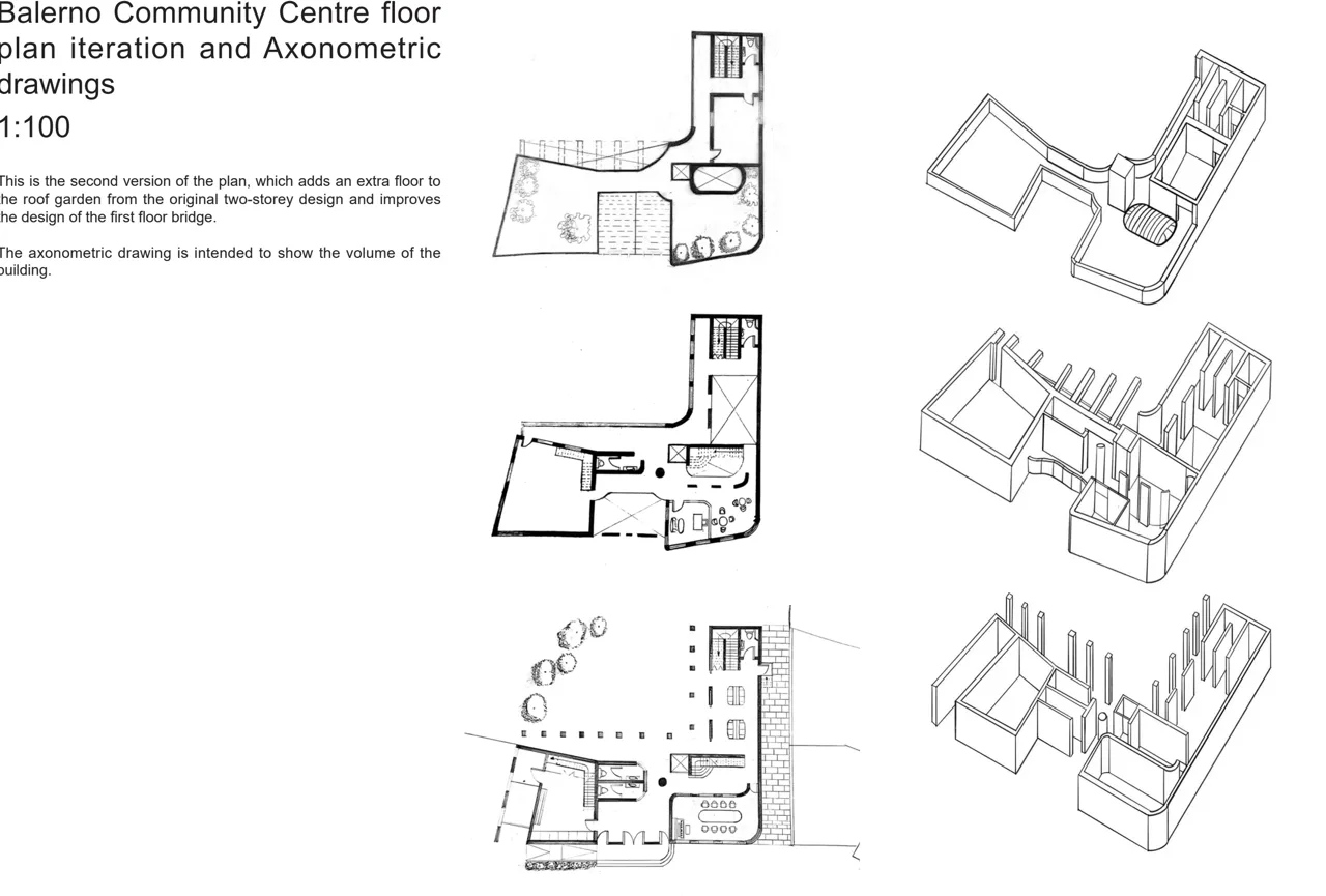 第二版分层平面与轴测:从两层连接发展至屋顶花园。 / Second-version plans and axonometrics develop a two-level connection towards a roof garden.
