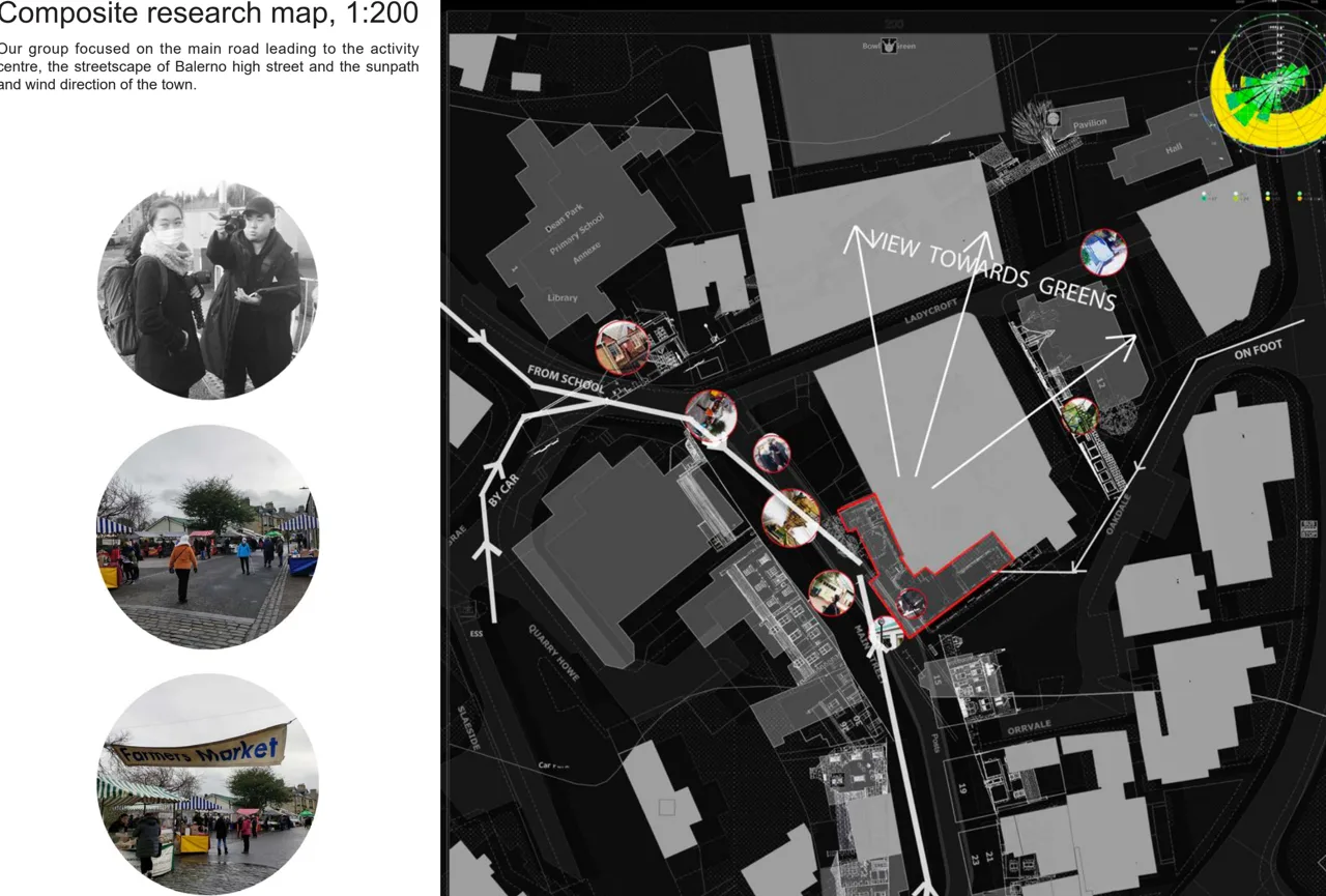 课程小组的综合场地研究:高街、抵达路线、日照与风向。 / Collaborative site study of the High Street, arrival routes, sun path and wind.
