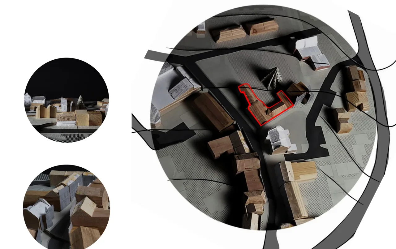 BB 小组的 1:200 场地模型,记录社区中心与周围街区的关系。 / The 1:200 site model by group BB, relating the community centre to its surroundings.