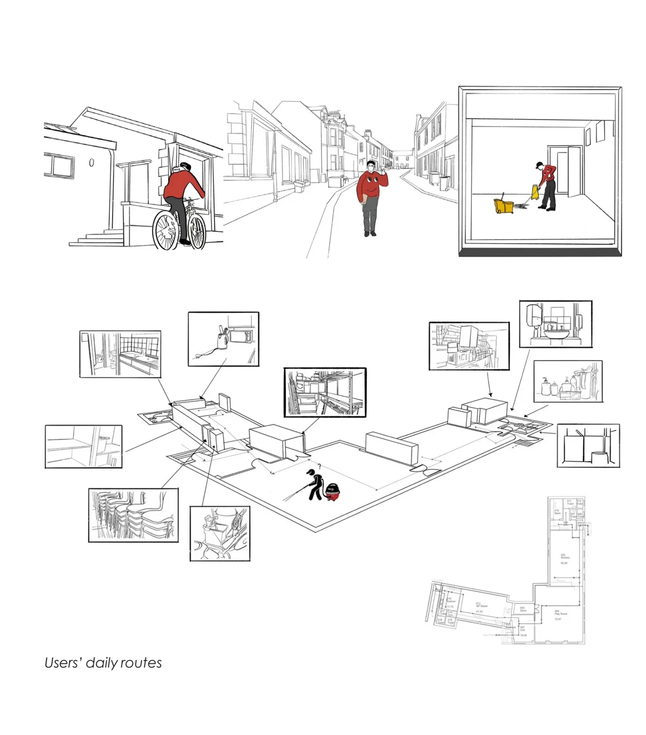 从使用者的日常路线出发,研究进入、工作与停留空间。 / Daily user routes inform studies of arrival, work and places to pause.