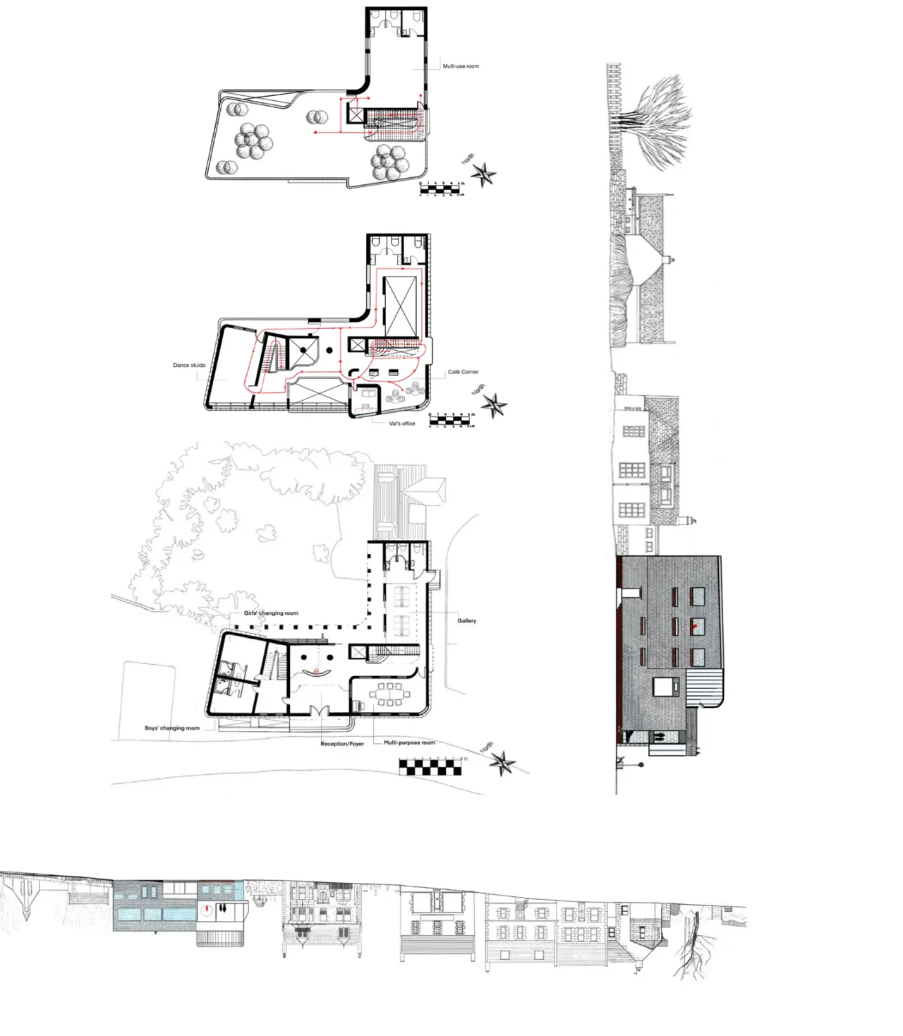 社区中心的分层平面、剖面与功能组织。 / Floor plans, sections and the organisation of the community centre.