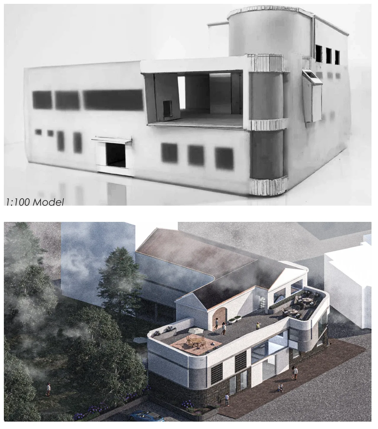课程实体模型与后续数字模型的对照。 / The studio physical model alongside a later digital development.