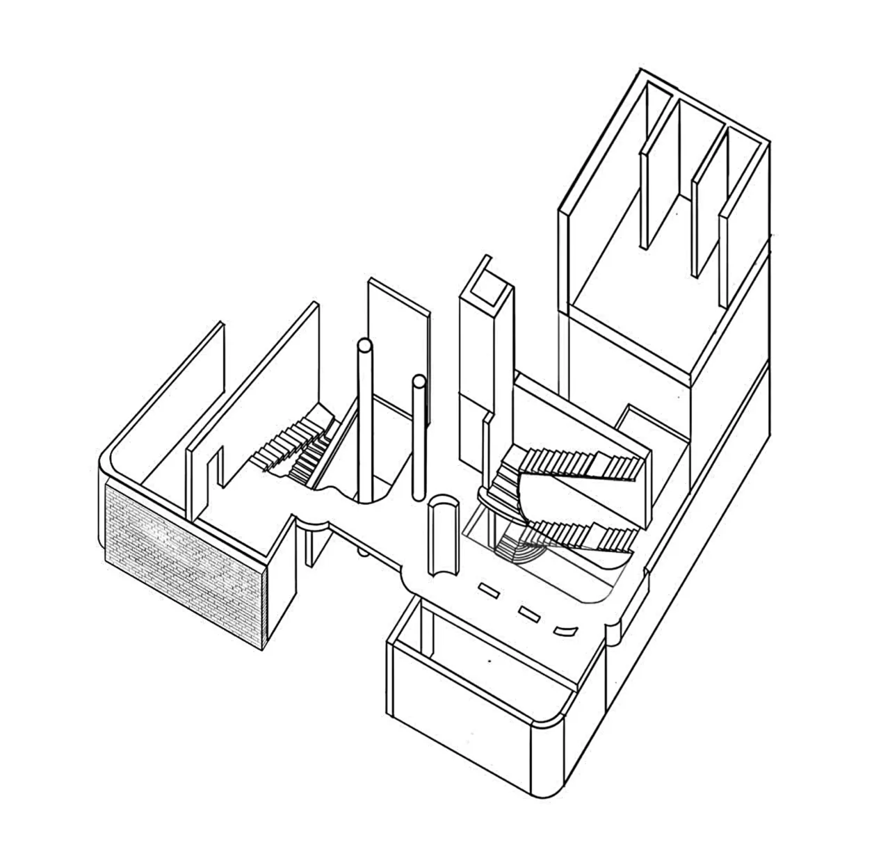 以分解轴测表达墙体、楼梯与楼层之间的空间联系。 / An exploded axonometric study of walls, stairs and floor levels.