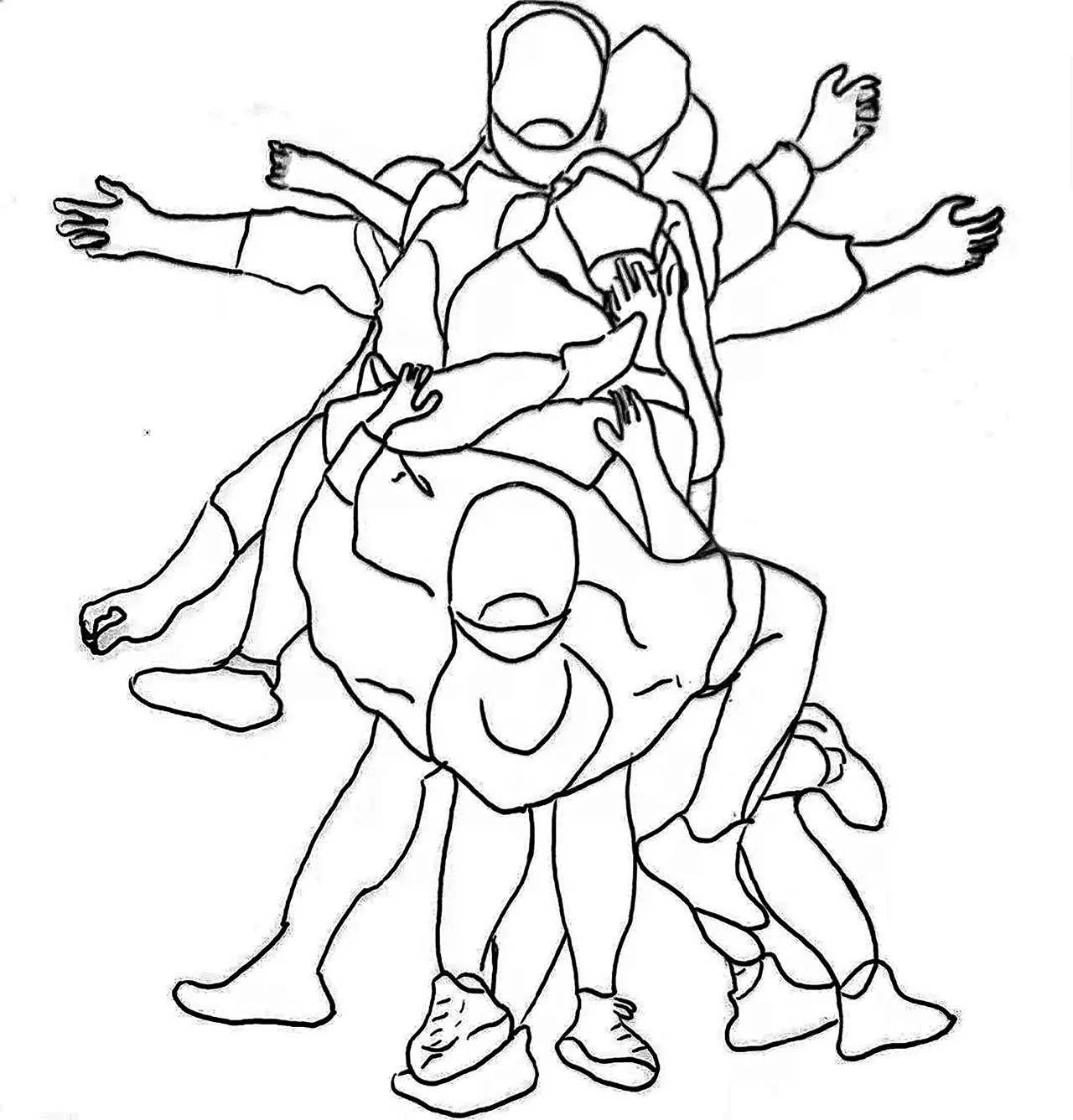 不同身体姿态的轮廓叠合。个人课程视觉练习,原作品集第 10 页。 / Overlaid outlines of different bodily poses. Individual coursework study, portfolio page 10.