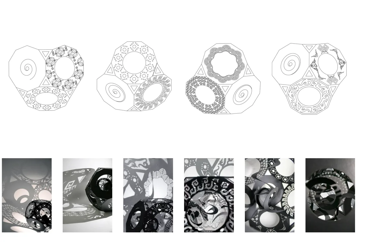 从展开面到折叠模型,通过实物检验表面与光影。 / From unfolded surfaces to folded models, testing surfaces and light through making.