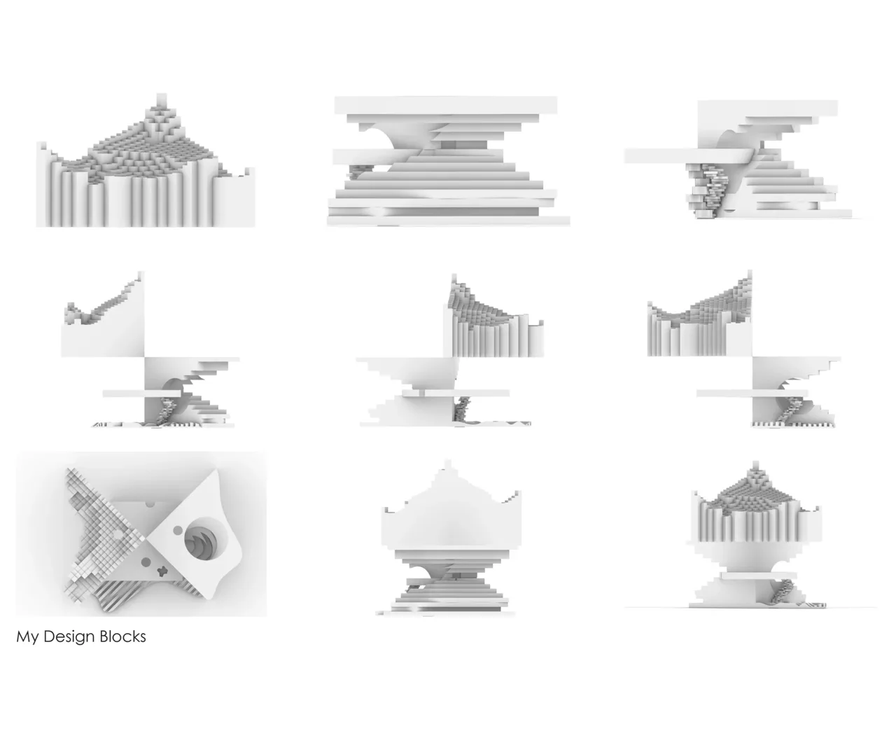 塔楼练习中的个人单元设计,探索传统建筑元素的组合。 / Individual unit designs within the tower exercise, exploring combinations of traditional architectural elements.