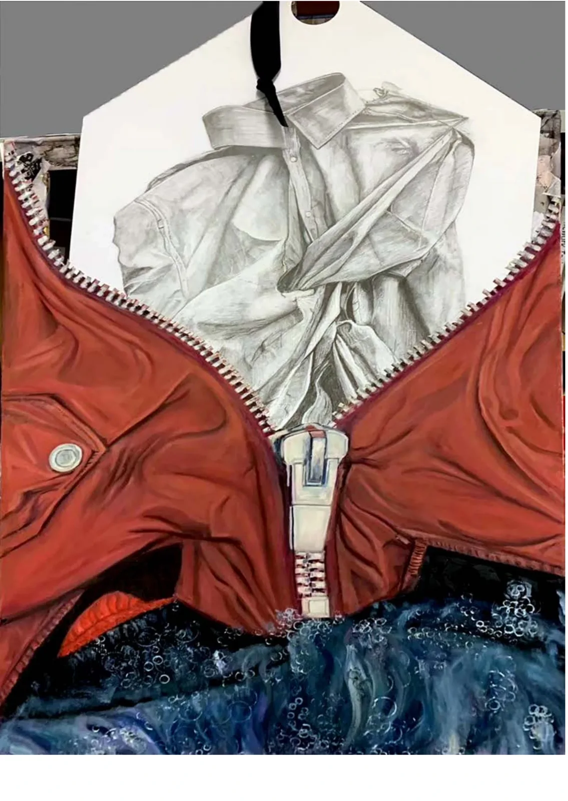 《Clothes and water pollution》:画布油画与纸板铅笔的组合。90 × 60 cm。 / Clothes and water pollution: oil paint on canvas combined with pencil on cardboard. 90 × 60 cm.
