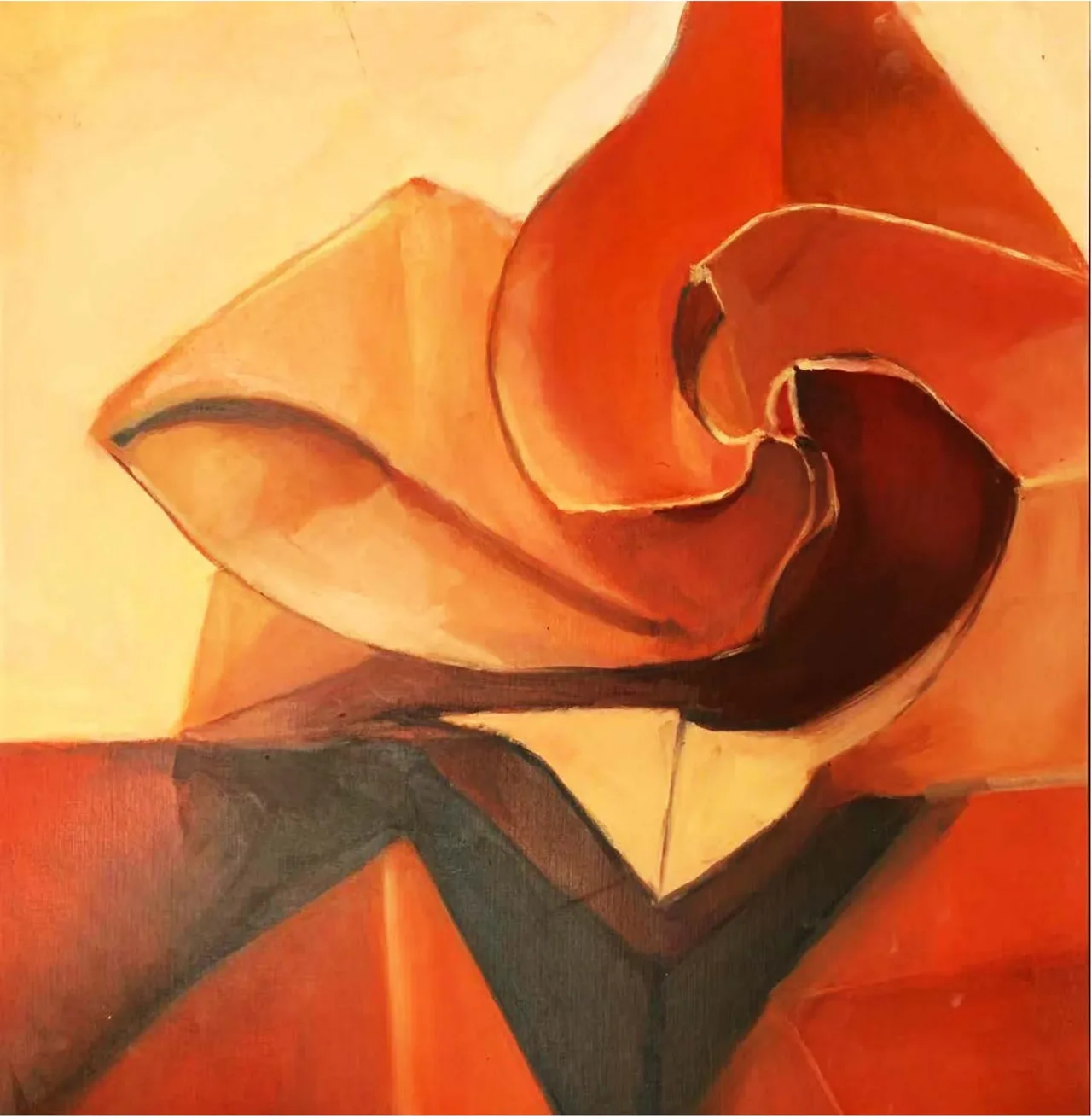 《Paper flower》:先折纸,再以油画描绘折面和光影。40 × 40 cm。 / Paper flower: an origami object translated into an oil painting of folded planes and light. 40 × 40 cm.
