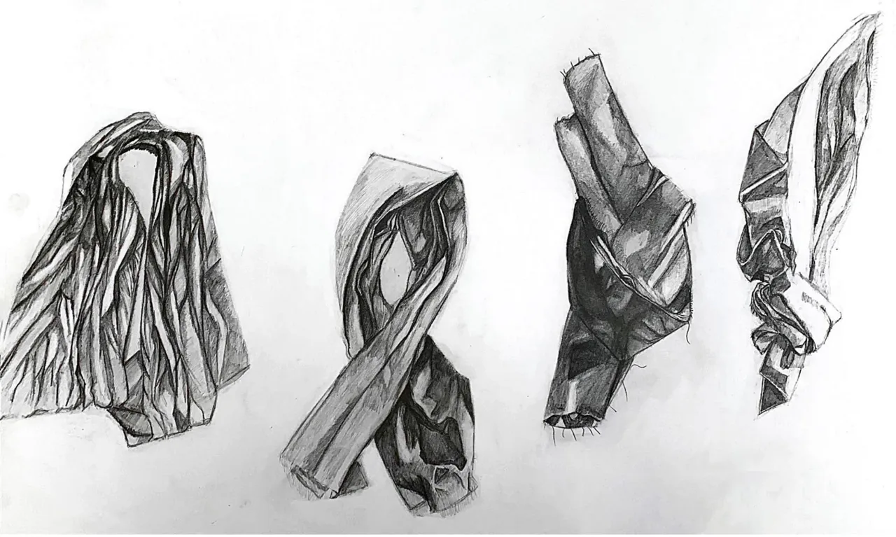 《Node》:织物结与悬垂形态的铅笔研究。70 × 40 cm。 / Node: pencil studies of knots and hanging fabric. 70 × 40 cm.