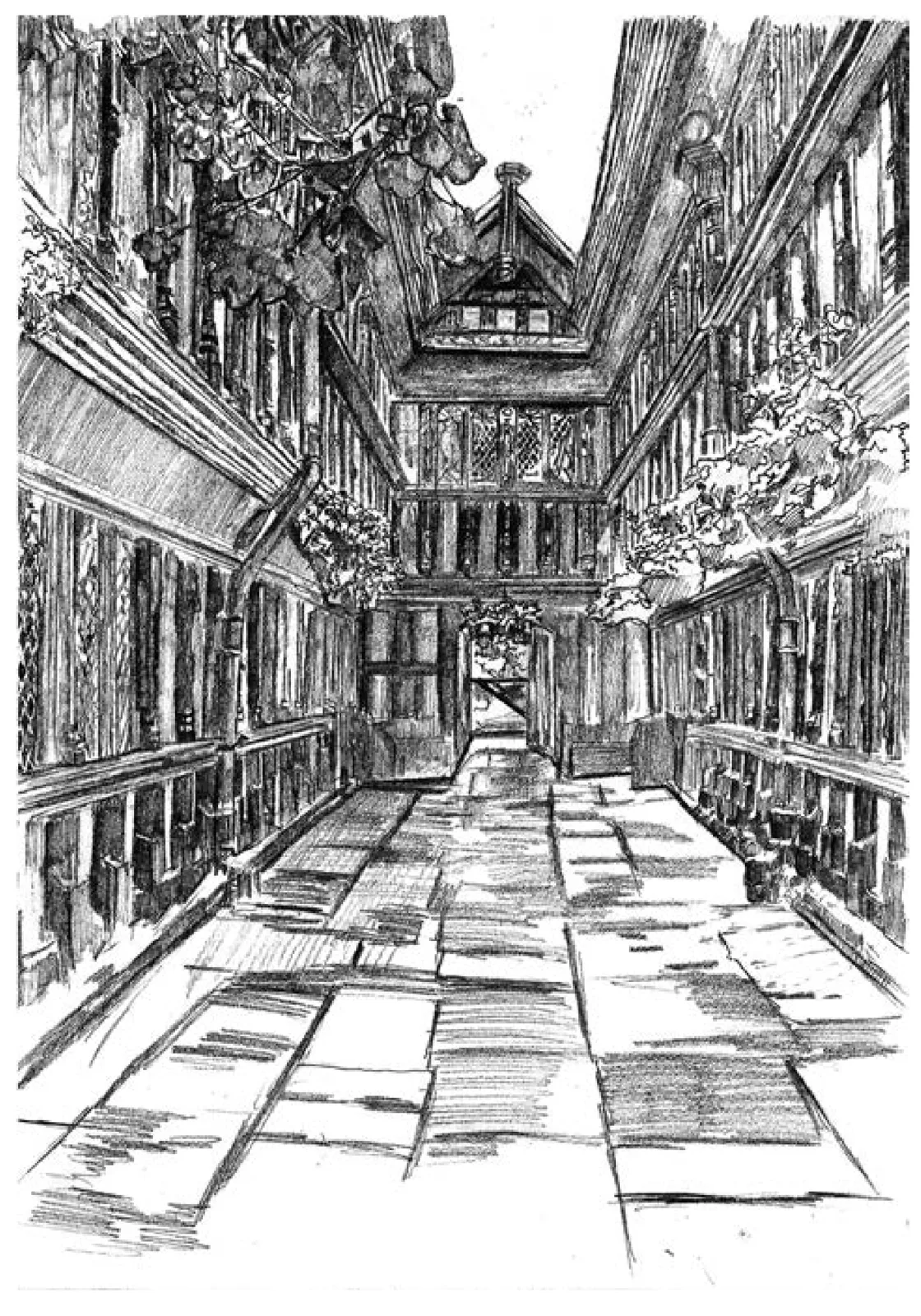 Ford Hospital,考文垂:庭院与木构立面的写生。原作标注 210 × 297 mm。 / Ford Hospital, Coventry: a study of the courtyard and timber elevations. Original labelled 210 × 297 mm.