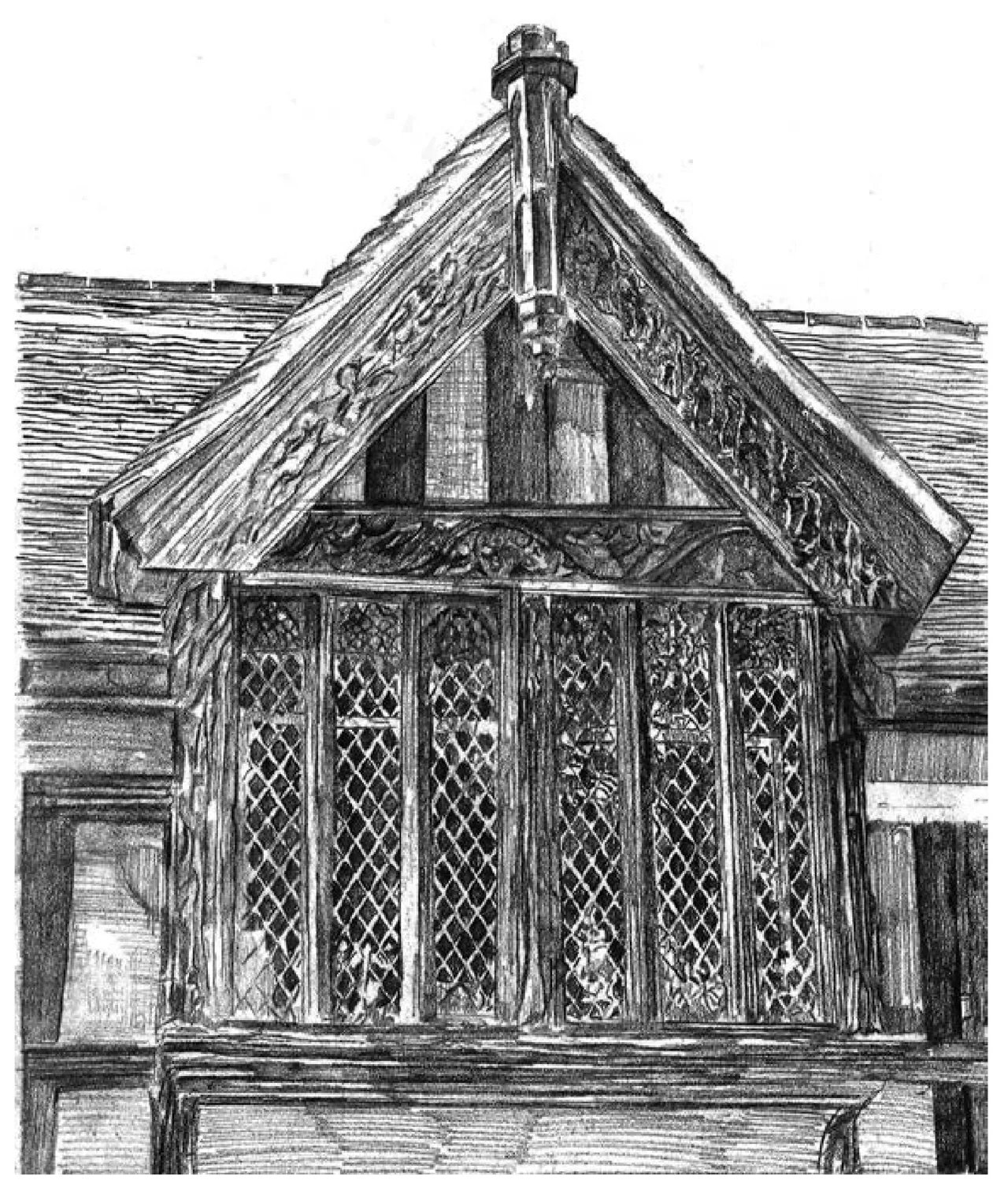 Ford Hospital,考文垂:窗部与木构装饰近景写生。原作标注 210 × 297 mm。 / Ford Hospital, Coventry: a close drawing of the window and timber ornament. Original labelled 210 × 297 mm.