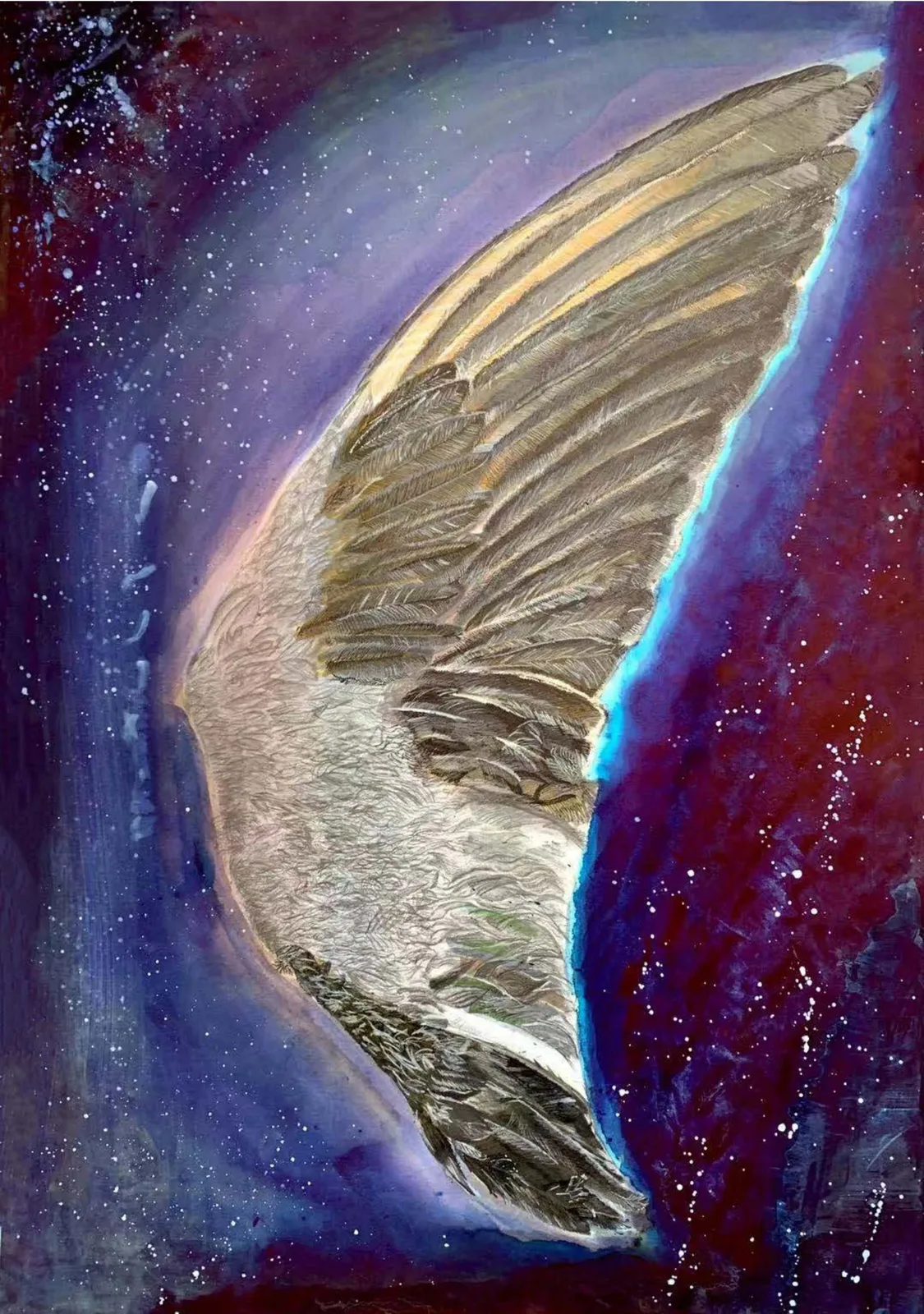 《Wing-feather》:以笔、荧光笔、马克笔、铅笔与墨水表现羽毛层次和星空。80 × 60 cm。 / Wing-feather: feather layers and a star-filled background made with pen, highlighter, marker, pencil and ink. 80 × 60 cm.