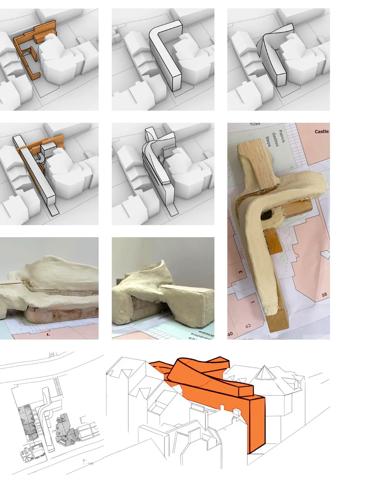 通过体块、实体模型与场地轴测比较不同的空间组织。 / Massing, physical models and site axonometrics compare spatial arrangements.