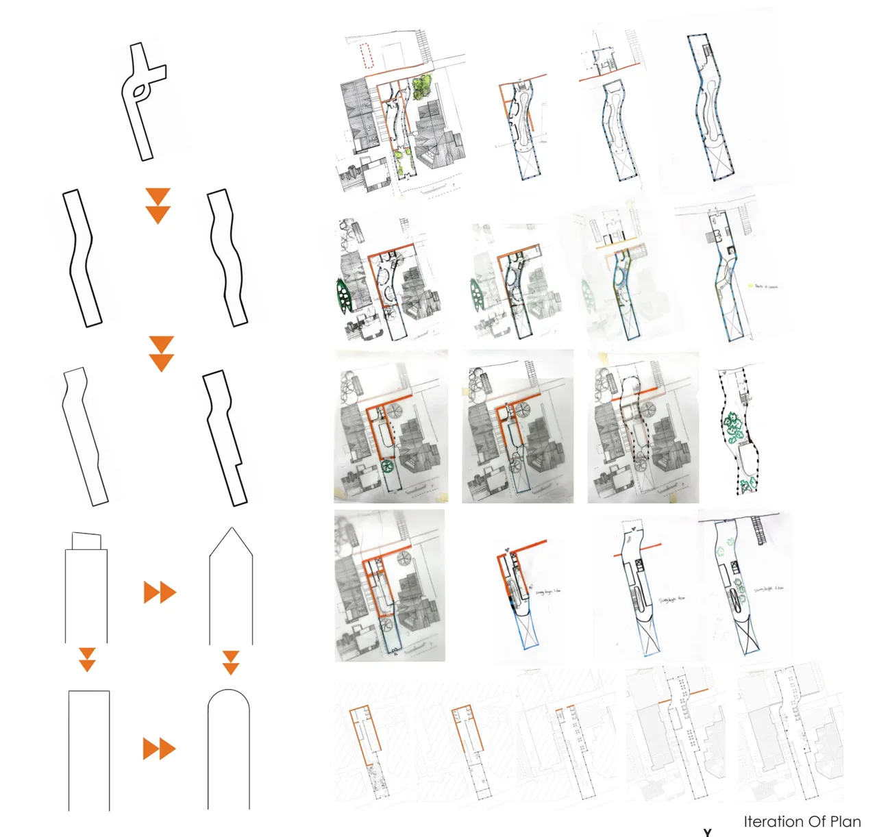 平面迭代记录路径与建筑形体的逐步调整。 / Plan iterations record the development of routes and built form.