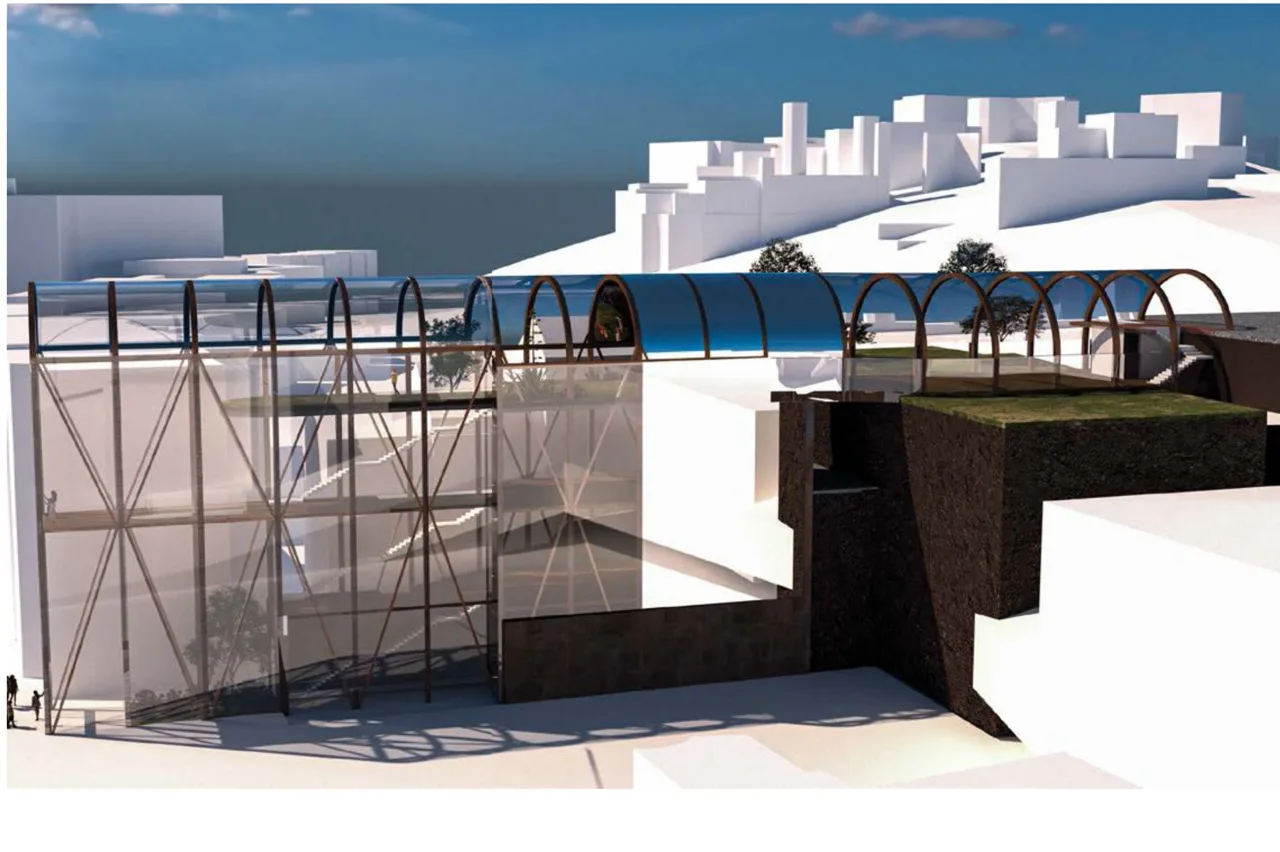 最终方案中的拱形构件、玻璃围护与高差空间。 / Arched elements, glazed enclosure and changes of level in the final proposal.