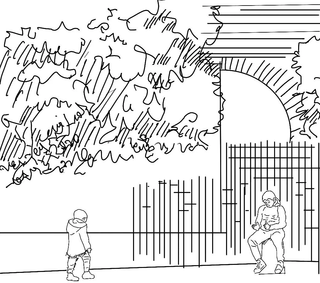现场速写：树荫、拱门与停留的人物。 郑兴增／Tom Zheng，AD: In Place 2022–23 课程现场绘画。 / Field sketch: tree cover, an arched gateway and people pausing. Xingzeng Zheng / Tom Zheng, field drawings for AD: In Place 2022–23.