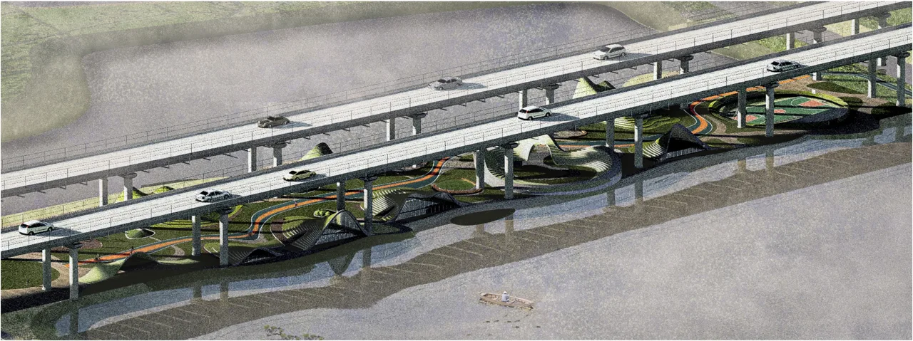 起伏地形与桥下活动场地的组织。团队成果。 / Undulating landforms organise activities beneath the bridges. Team work.