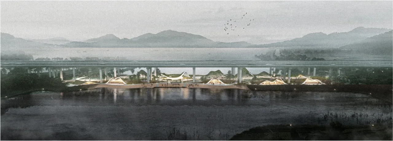 桥梁、水岸与山体之间的公共空间方案。团队成果。 / Public-space proposal between bridge, water and hills. Team work.