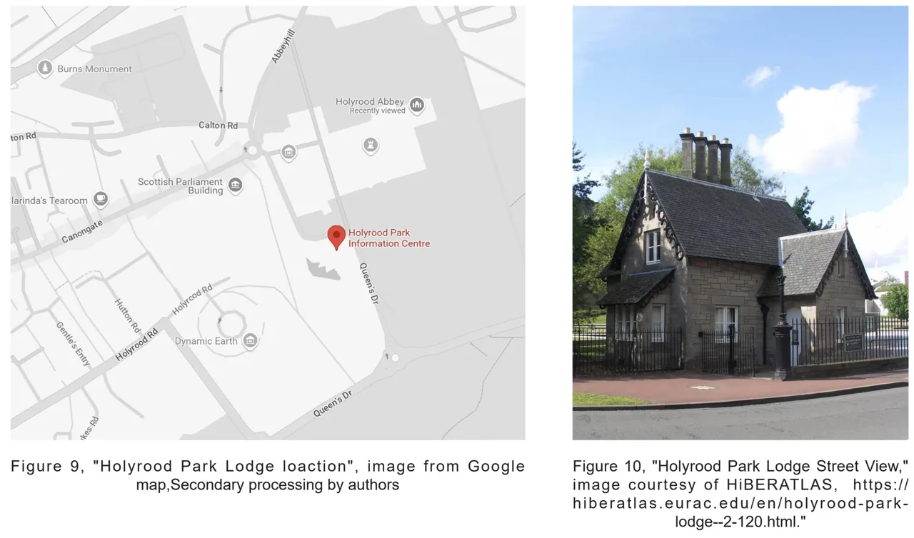 Holyrood Park Lodge 的位置与建筑外观。论文引用图 9–10:Google 地图经作者标注,建筑照片来自 HiBERATLAS。 引用图:Google Maps(作者二次处理)、HiBERATLAS,论文图 9–10。 / Holyrood Park Lodge location and exterior. Cited Figures 9–10: Google map annotated by the author, with a building photograph from HiBERATLAS. Reference imagery: Google Maps, processed by the author, and HiBERATLAS; dissertation Figures 9–10.