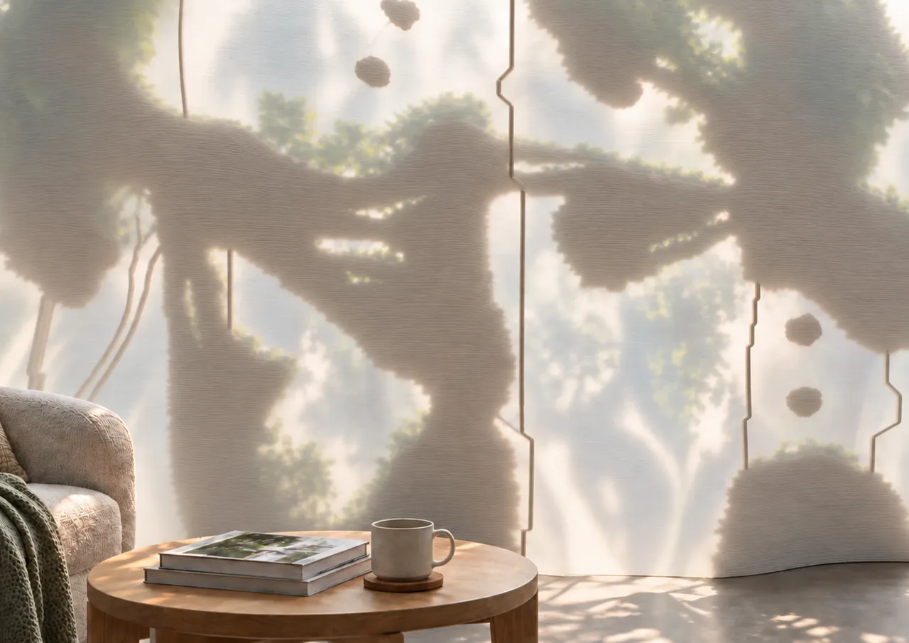 室内休憩空间中的透光与植物投影。空间氛围效果图。 / Transmitted light and planting shadows in an interior seating area. Atmospheric rendering.