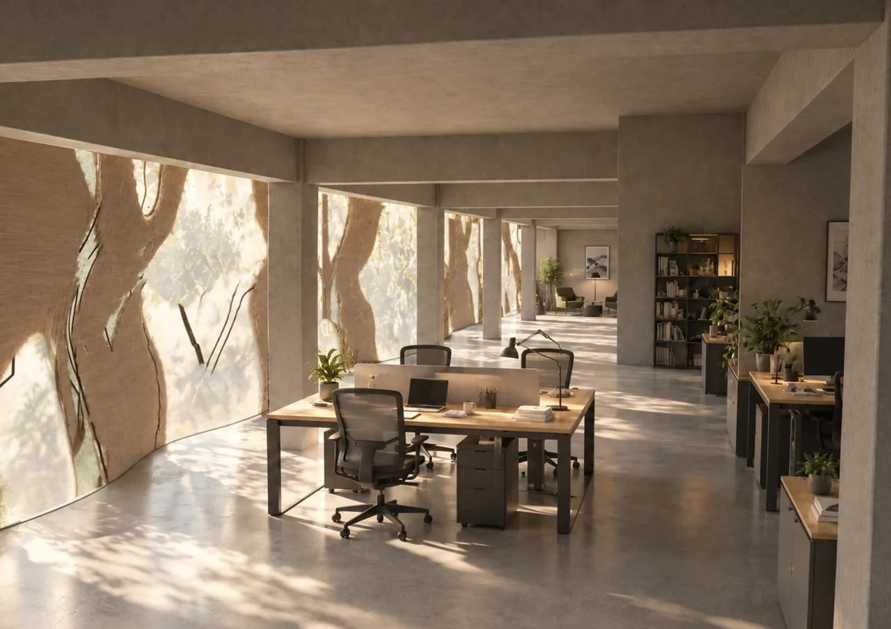 立面与办公空间之间的光影关系。空间氛围效果图。 / Light and shadow between the facade and workspace. Atmospheric rendering.