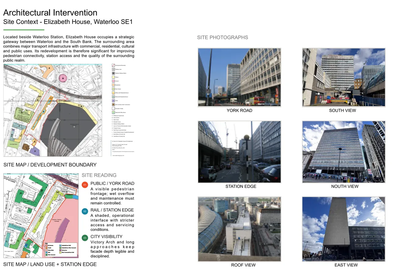 Waterloo 场地地图、既有建筑与现场照片,原作品集场地研究。 / Waterloo site maps, the existing building and site photographs from the portfolio.