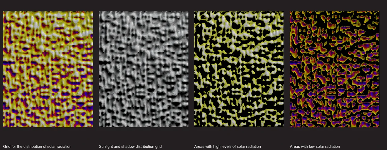 第五轮方案:太阳辐射与阴影区域的空间分布。 / Iteration 5: spatial distributions of solar radiation and shaded zones.