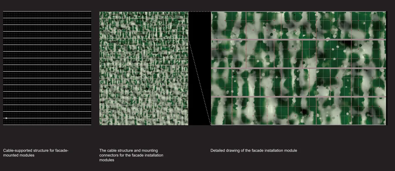 第五轮方案:立面模块、支承索与安装连接件的概念组织。 / Iteration 5: conceptual arrangement of facade modules, support cables and mounting connectors.