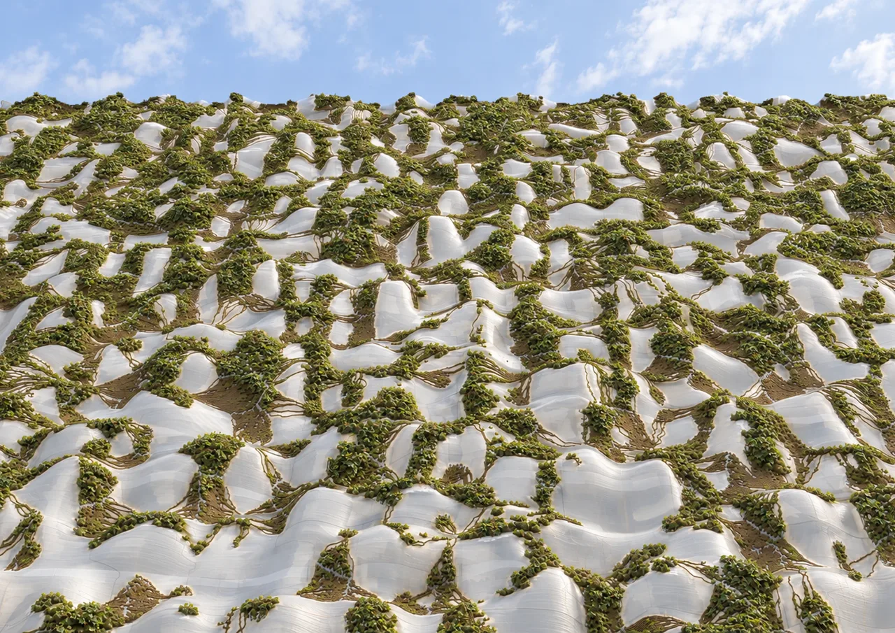 连续曲面与种植区域的近景研究。方案效果图。 / A close view of the continuous surface and planting zones. Proposal rendering.