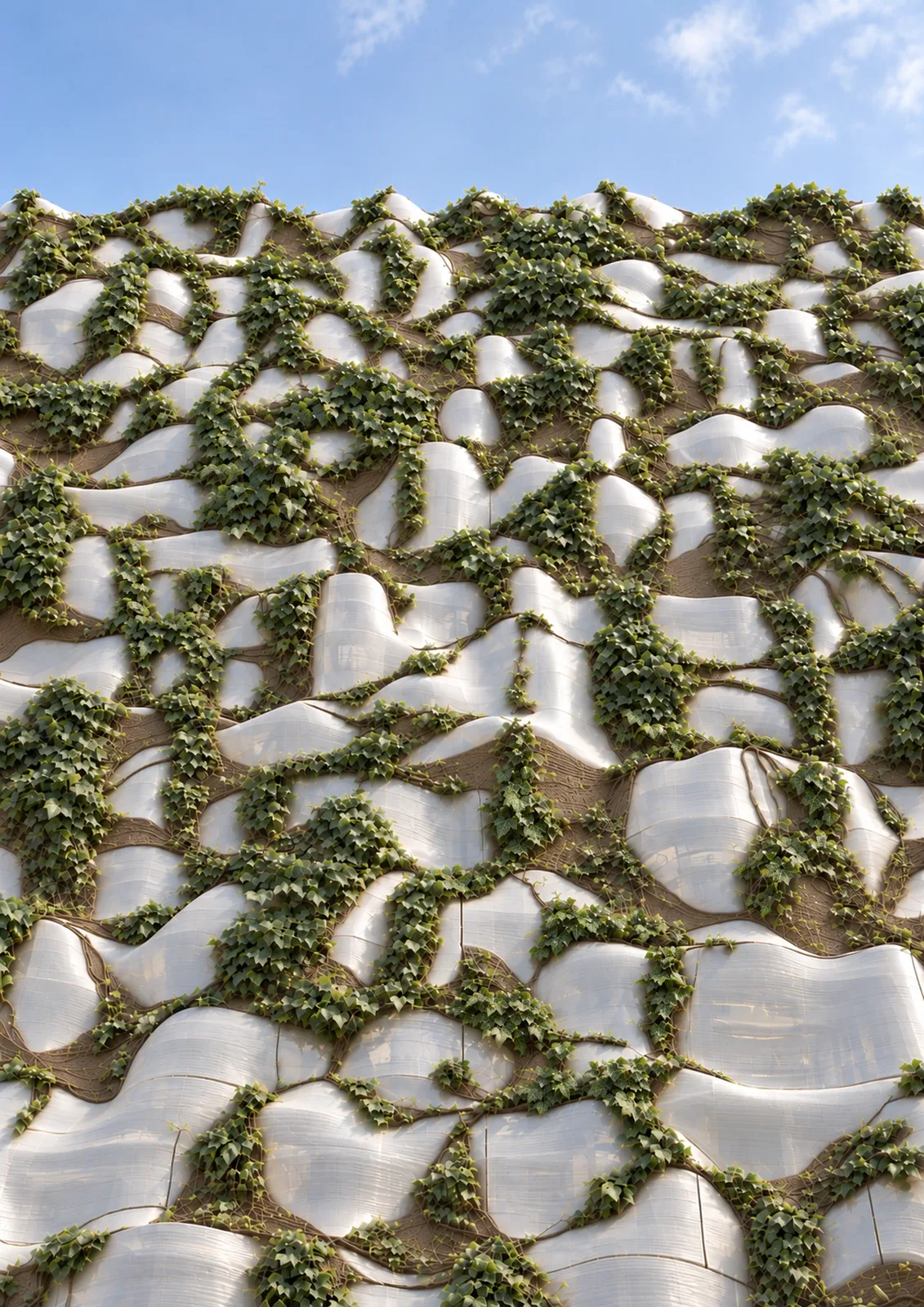 仰视角度下的透光表面、凹槽与植物分布。方案效果图。 / Translucent surfaces, recesses and planting seen from below. Proposal rendering.