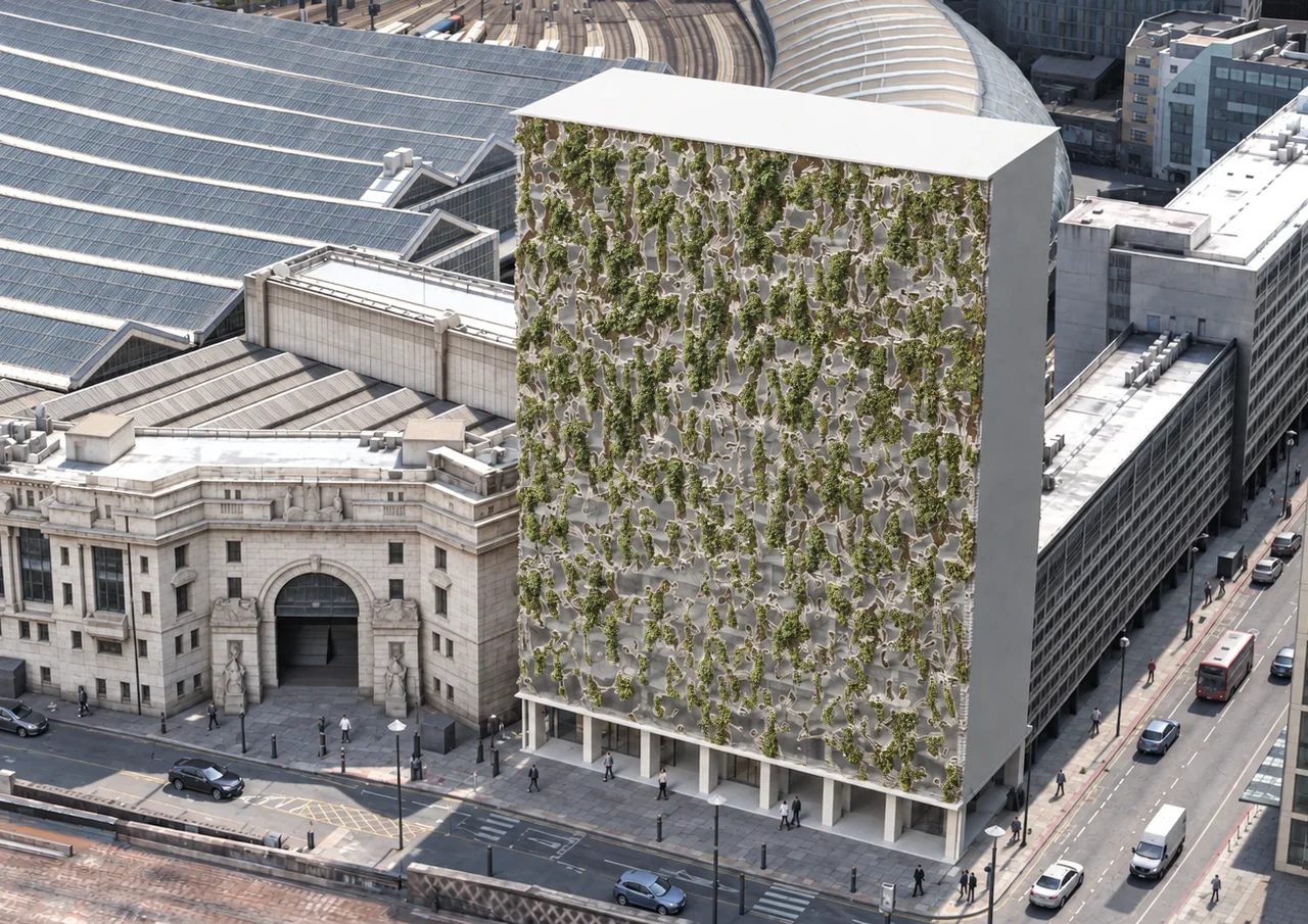 Elizabeth House 与 Waterloo 车站的城市关系。共创方案效果图。 / Elizabeth House in relation to Waterloo Station. Co-designed proposal rendering.