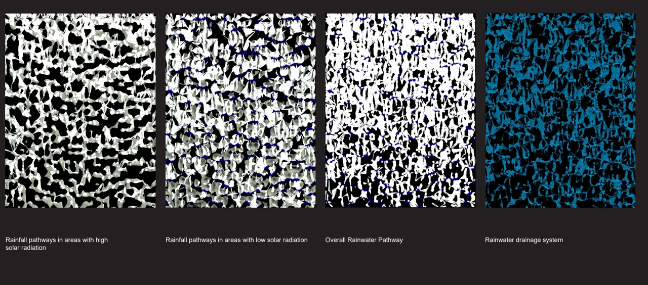 第五轮方案:连接湿润区、蓄水区与排水系统的路径研究。 / Iteration 5: routes connecting wet zones, retention zones and drainage.