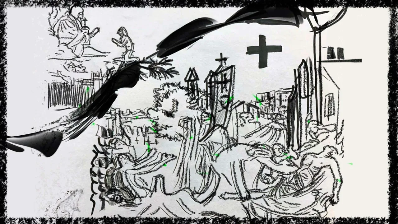 分镜 4 / 6:以城市轮廓、十字形符号与曲线组织叙事场景。 / Storyboard 4 / 6: a narrative setting composed through city outlines, cross-shaped symbols and curved marks.