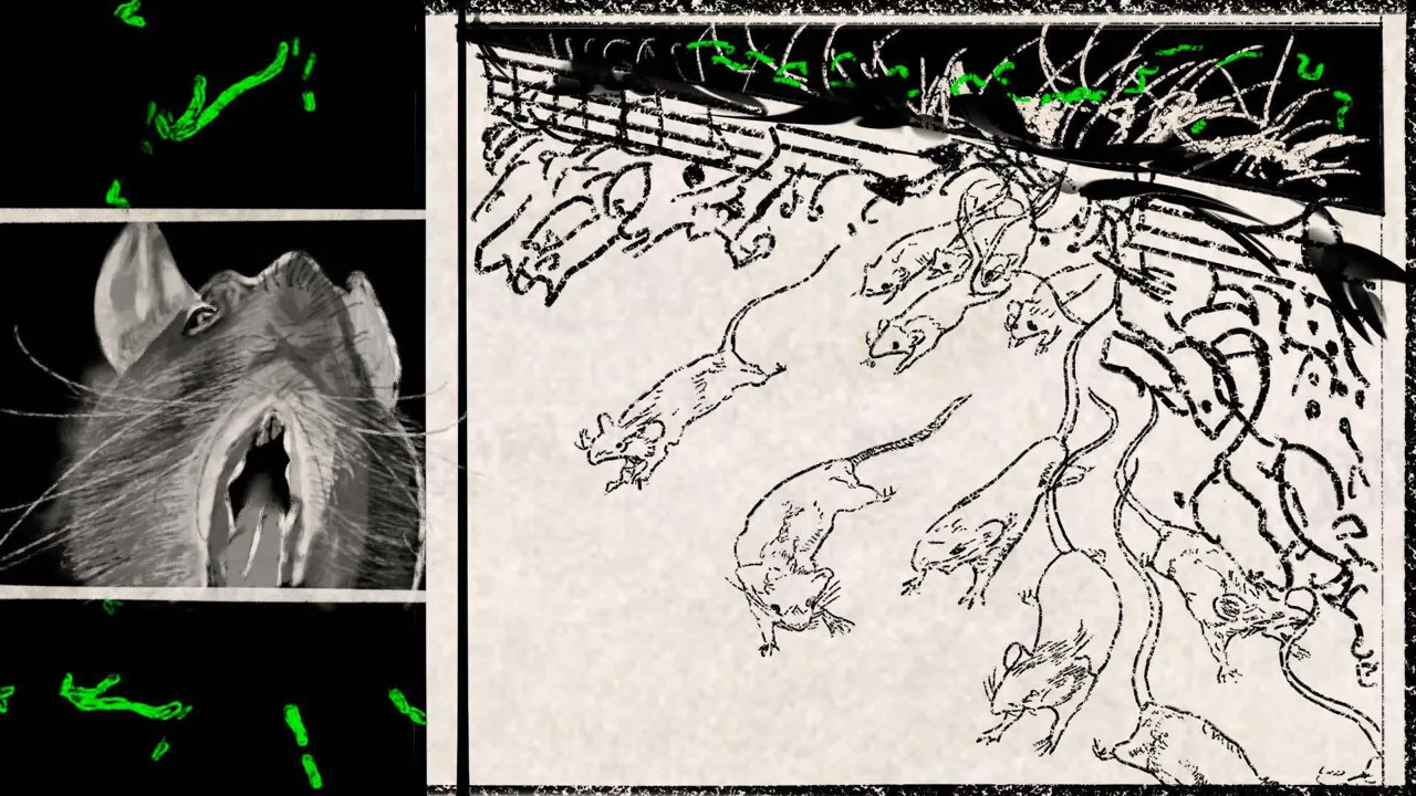 分镜 3 / 6:参考照片与重复鼠形叠合,形成局部视点的变化。 / Storyboard 3 / 6: a reference photograph and repeated rat outlines create a shift to a closer view.