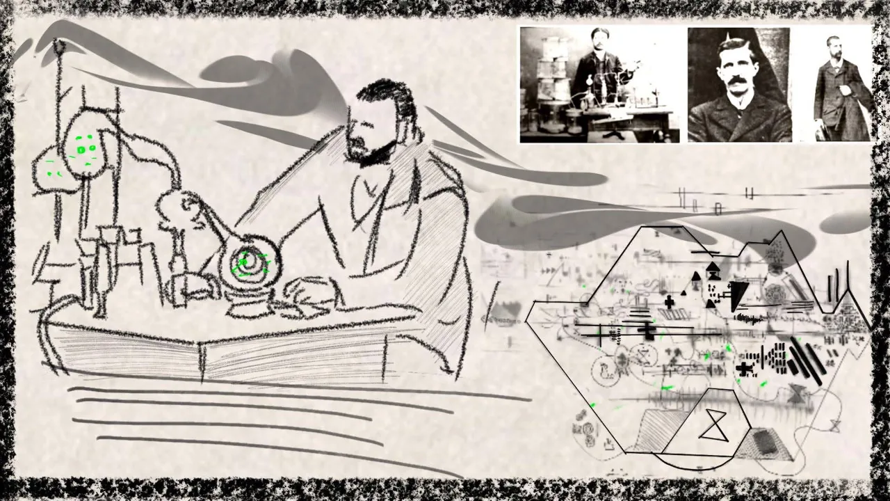 分镜 6 / 6:实验室绘画、历史人物参考照片与抽象符号并置。 / Storyboard 6 / 6: a laboratory drawing is juxtaposed with historical reference portraits and abstract symbols.