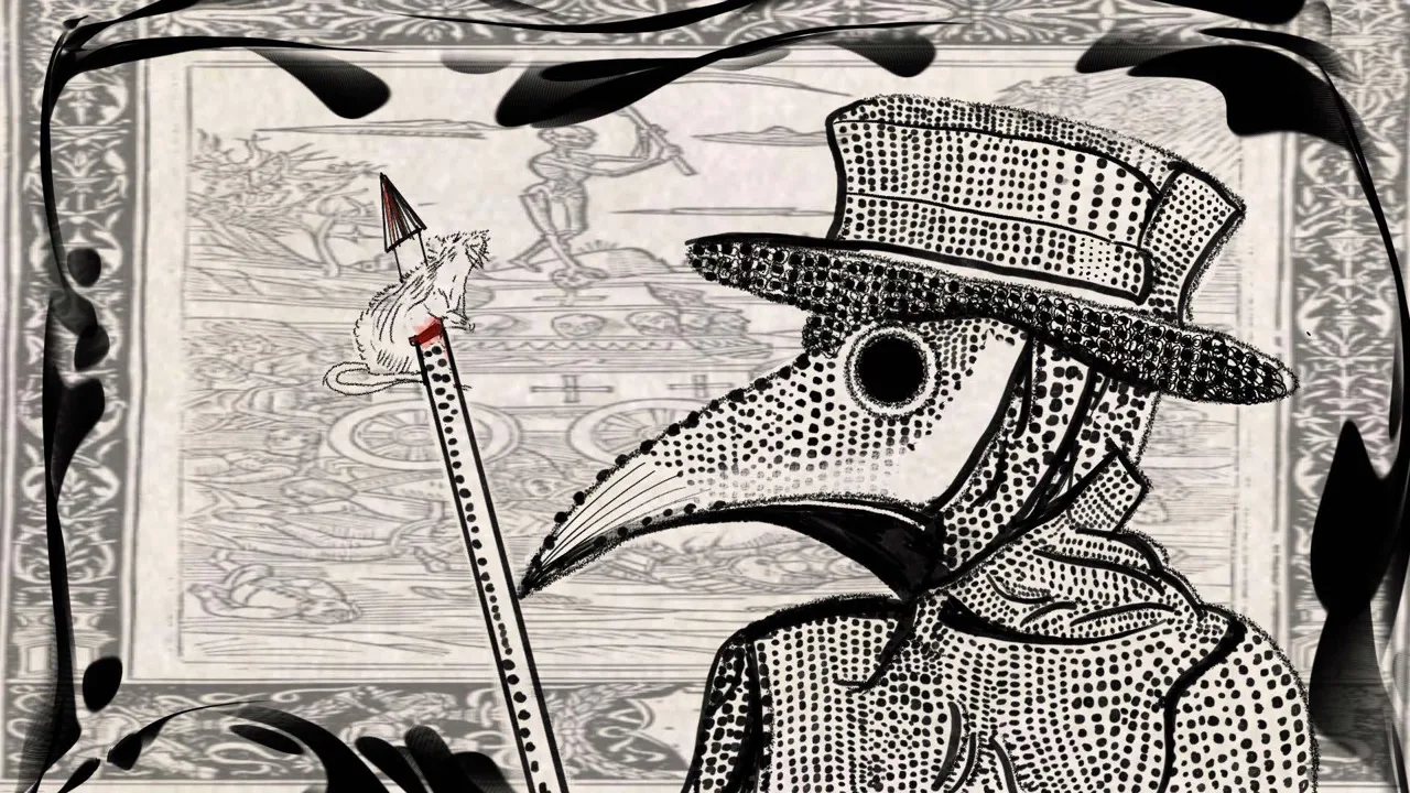 分镜 5 / 6:鸟嘴面具绘画与历史参考图像构成主题拼贴。 / Storyboard 5 / 6: a beaked-mask drawing and historical reference imagery form a thematic collage.