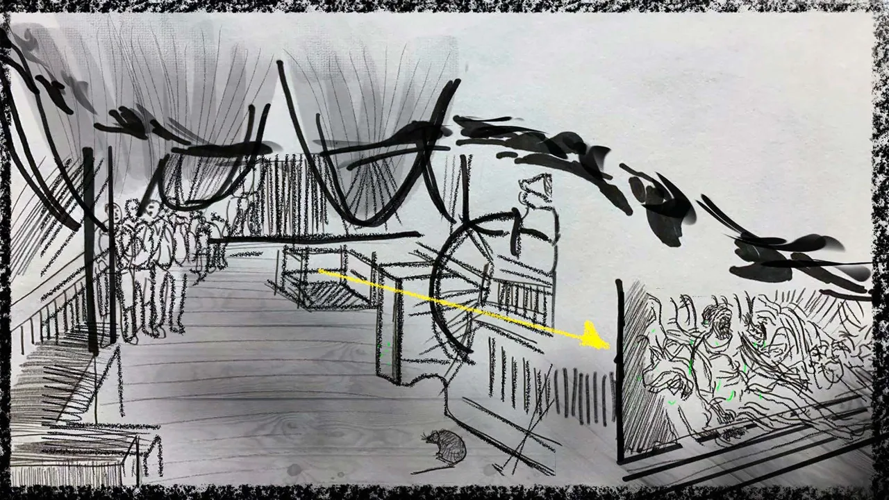 分镜 2 / 6:船舱透视、箭头和曲线引导观看方向。 / Storyboard 2 / 6: a ship-interior perspective, arrow and curved marks direct the viewer.