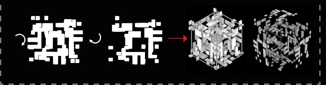 通过二维轮廓的旋转与组合,比较空间单元的组合状态与拆解状态;截取个人体块操作部分。 / Rotation and combination of two-dimensional figures lead to assembled and exploded views of a spatial unit; this crop isolates the authored massing operation.