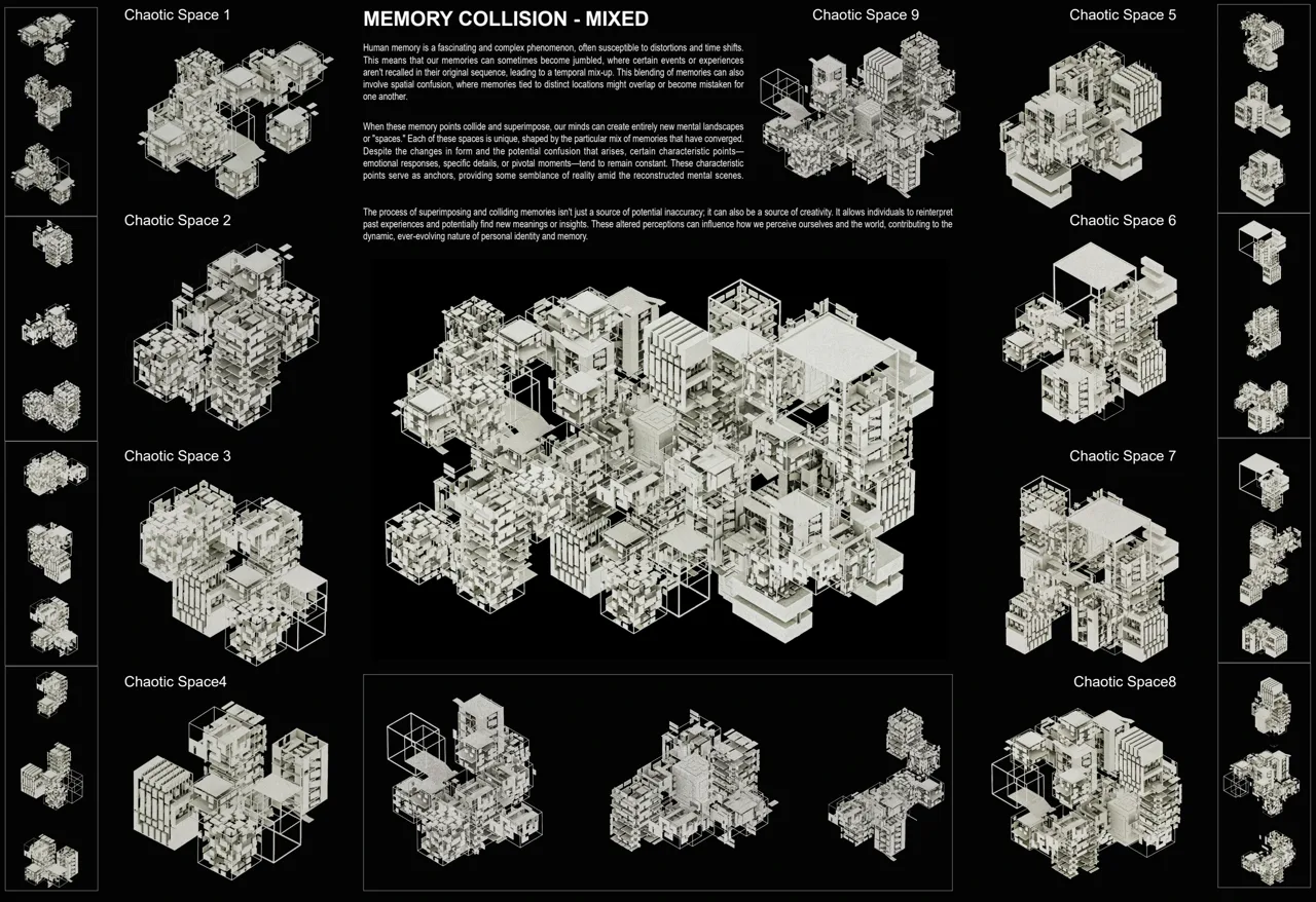 记忆节点的碰撞、覆盖与空间重组。 / Collisions, overlays and spatial recombinations of memory points.