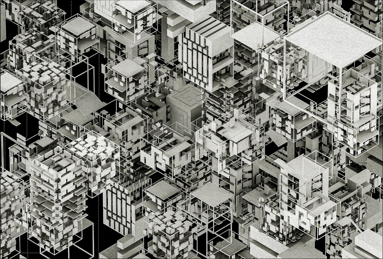 叠合的记忆节点形成新的数字空间。 / Overlapping memory points form a new digital space.