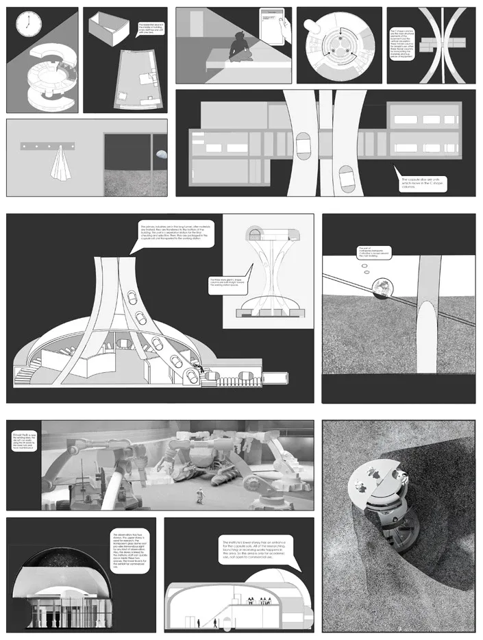 以叙事图解研究基地的功能、垂直交通与内部空间。 / Storyboard studies of programme, vertical circulation and interior spaces in the lunar base.