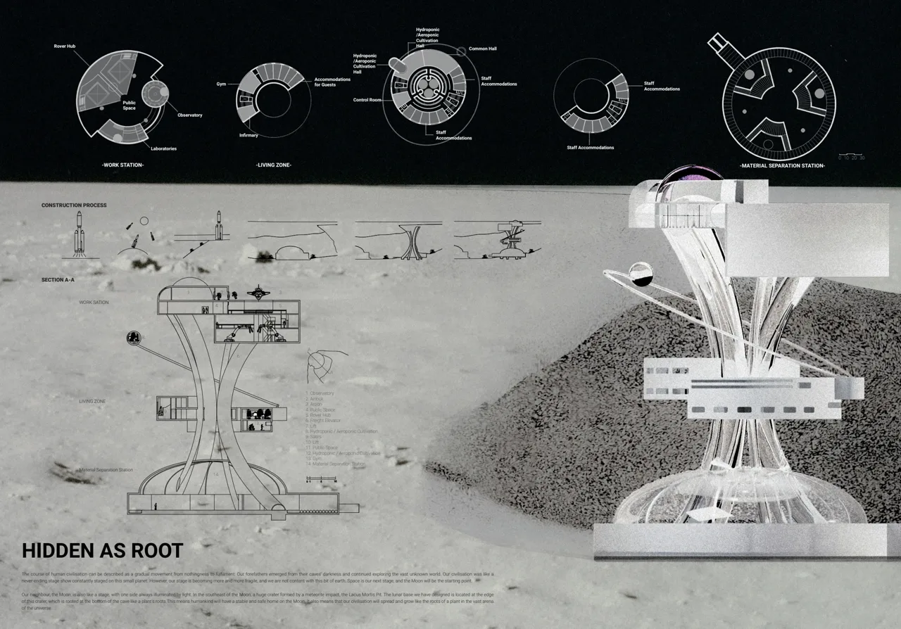 Hidden as Root 月球基地概念方案总图。 / Overview of the Hidden as Root lunar-base concept.