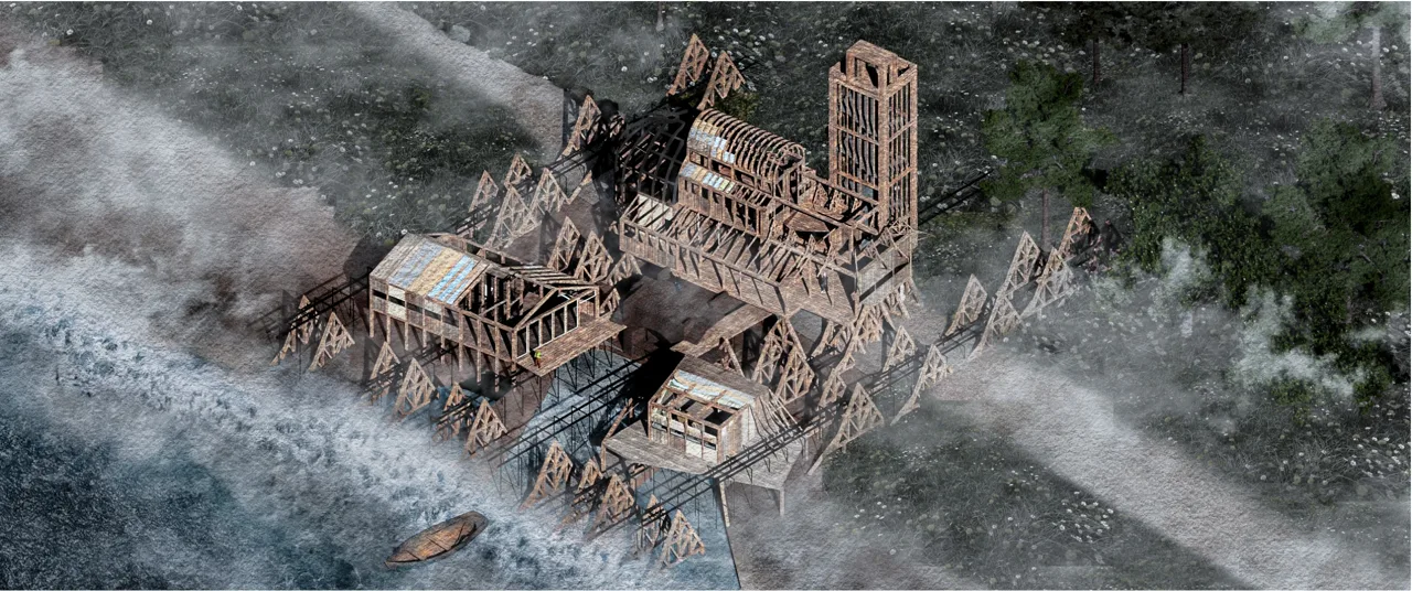 屋顶、船屋与观察所空间的重新组合。 / Recombining roof, boathouse and observatory spaces.