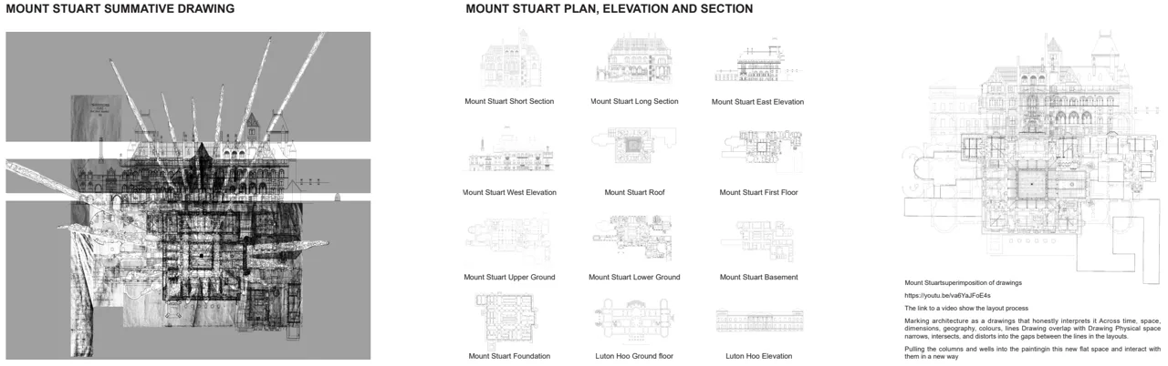 将 Mount Stuart 的平面、立面和剖面叠合,把柱、屋顶与空间片段转化为新的绘图关系。 课程协作探索;含 Mount Stuart Archive 与 Rowand Anderson Collection 档案引用。 / Plans, elevations and sections of Mount Stuart are superimposed, placing columns, roofs and spatial fragments into new drawing relationships. Collaborative course exploration, incorporating material from the Mount Stuart Archive and Rowand Anderson Collection.