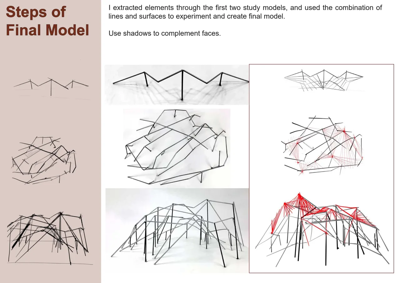 Coke Can:从线性模型到最终空间框架的推演。 / Coke Can: development from linear studies to the final spatial frame.