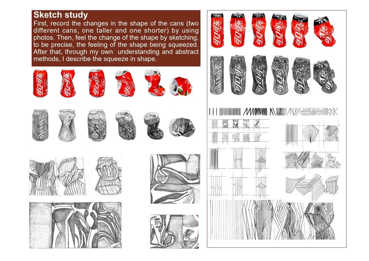 两种易拉罐的连续挤压记录与抽象草图。 / Sequential compression records and abstract sketches of two cans.