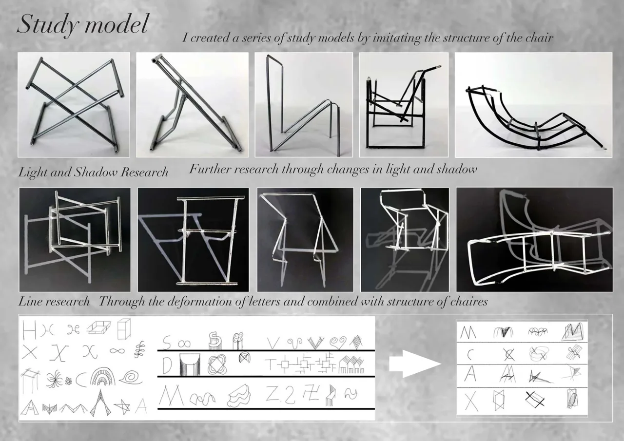 字母形态、椅子结构与投影之间的实验。 / Experiments connecting letter forms, chair structures and shadows.