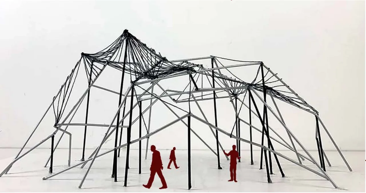 Coke Can 最终模型:ABS 管与线绳构成的空间框架。 / Coke Can final model: a spatial frame of ABS tubes and thread.
